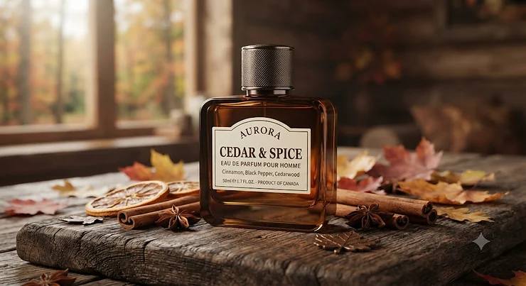 Bottle of cinnamon spice perfume for men resting on a rustic wooden surface for the Canadian autumn seasoncinnamon spice perfume for men