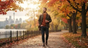A man wearing cinnamon spice perfume for men during a crisp autumn walk in a Canadian park