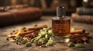 Macro shot of fresh green cardamom pods and warm artisanal spices arranged beside a sophisticated bottle of cardamom cologne for date night.