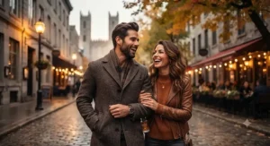 A happy couple laughing during a crisp autumn date night stroll through historic Old Montreal, subtle sillage of cardamom cologne in the air.
