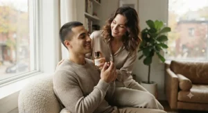 A lifestyle shot of a couple sharing a versatile, gender-neutral unisex cardamom fragrance.