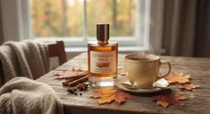 A bottle of cinnamon spice perfume for fall next to a steaming mug of tea on a rustic wooden table.