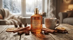 A cozy winter fragrance featuring warm cinnamon and spice notes, displayed on a wooden table next to a steaming mug.