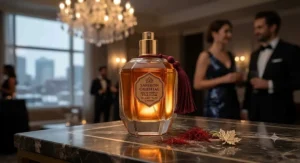 A glowing bottle of saffron oriental perfume for women set against a chic evening backdrop suitable for Canadian galas.