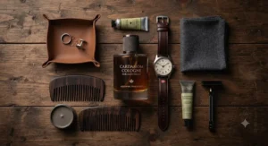 A curated flat lay of a Canadian man's grooming essentials including cardamom cologne for date night, a classic leather watch, and a comb.