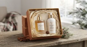 Cinnamon spice fragrance gift set featuring scented body lotion and perfume spray, ideal for holiday gifting in Canada