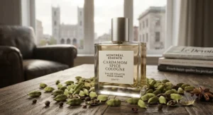 An inexpensive cardamom scented perfume bottle surrounded by fresh green spice pods in a cozy Montreal setting.