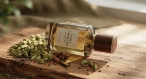 Fresh green cardamom pods and raw spices arranged next to a bottle of luxury unisex cardamom fragrance.