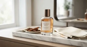 A stylish glass bottle of long-lasting, affordable cinnamon spice perfume displayed on a clean marble vanity tray.