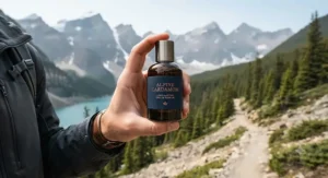 A travel-sized bottle of long-lasting cardamom perfume for men held during an outdoor hike in the Rocky Mountains.