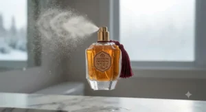 A delicate mist spraying from a sleek bottle of long-lasting saffron oriental perfume for women.