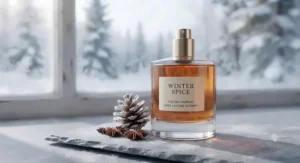 A minimalist perfume bottle reflecting a long-lasting warm cinnamon spice perfume for winter designed for chilly weather.