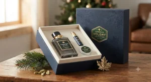 A premium gift set featuring cardamom perfume for men packaged for the Canadian holiday shopping season.