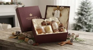 Unboxing a premium cinnamon spice fragrance gift set with festive ribbons, popular across Canada for autumn and winter