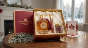 An elegant gift set featuring a saffron oriental perfume for women, popular for holiday shopping across Canada.