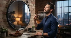 A stylish man applying cardamom cologne for date night in front of a mirror in a modern Toronto loft apartment.