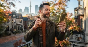 A stylish Canadian man applying warm cardamom cologne for men on a crisp autumn morning in downtown Toronto.