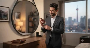 A smiling man putting the finishing touches on his evening attire in a Calgary condo while holding his favorite cardamom cologne for date night.