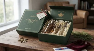 An elegant holiday gift box featuring a men's cardamom fragrance gift for him, packaged for delivery across Canada.