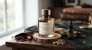 Woodsy and warm notes visualised for a distinctive cardamom fragrance gift for him.