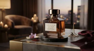 Minimalist modern display of a rich amber saffron perfume bottle tailored for sophisticated evening wear.