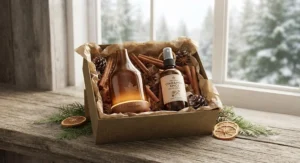 Natural cinnamon spice fragrance gift set with essential oil diffuser and room spray for Canadian homes
