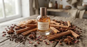 Natural ingredients like cinnamon sticks, star anise, and cloves surrounding a bottle of affordable cinnamon spice perfume.