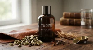 Raw ingredients including green cardamom pods and leather accents next to a bottle of cardamom perfume for men.