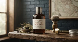 A niche bottle of cardamom perfume for men displayed neatly on a rustic wooden grooming shelf.