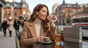 A Canadian woman wearing a sophisticated saffron oriental perfume for women in a stylish urban setting.