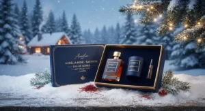 Premium gift-boxed saffron perfume for evening wear set against a snowy Canadian winter backdrop.