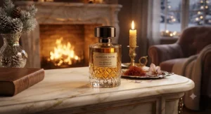 Luxurious saffron perfume bottle placed on a marble mantelpiece during a cozy winter evening indoors.