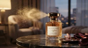 Delicate golden spray mist emerging from a luxury saffron perfume bottle designed for long-lasting evening wear.