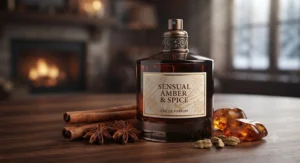 A dark glass perfume bottle showing a sensual warm cinnamon spice perfume for winter with rich amber and spice undertones.