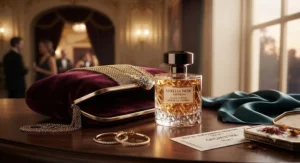 Illustration of a chic handbag and saffron perfume bottle ready for a night out at the theatre.