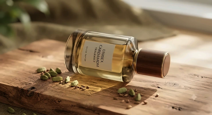 A sleek unisex cardamom fragrance bottle resting on natural Canadian cedar wood, highlighting its warm and spicy scent profile.