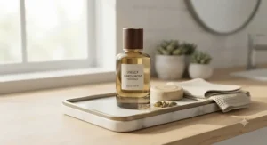 A minimalist bottle of premium unisex cardamom fragrance displayed on a modern bathroom vanity tray.