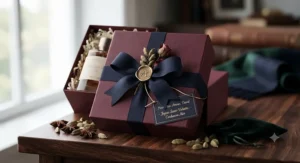 A thoughtfully wrapped romantic present containing a popular cardamom fragrance gift for him.