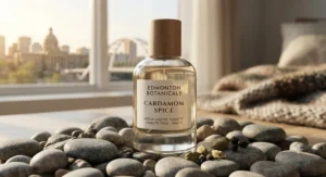 A cruelty-free and affordable cardamom scented perfume bottle resting on smooth river stones in Edmonton.