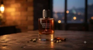 Artistic product photography highlighting the amber-tinted glass of a cardamom cologne for date night under warm evening lighting.