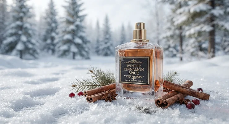 A luxury glass bottle of warm cinnamon spice perfume for winter resting on crisp Canadian snow, surrounded by cinnamon sticks.