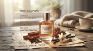 An artistic graphic showcasing the warm gourmand notes of cinnamon, vanilla, and spice in an affordable everyday perfume.