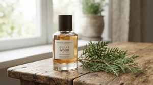An affordable luxury-inspired saffron perfume displayed beside a cedar branch in a light-filled Vancouver living room.