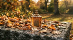 An affordable saffron scented perfume bottle surrounded by autumn leaves on a stone patio in Victoria.