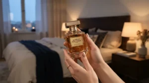 A person holding an affordable saffron scented perfume bottle while getting ready for an evening out in Winnipeg.