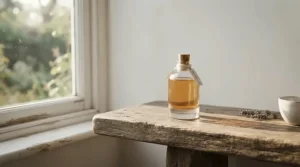 A sleek bottle of affordable saffron scented perfume displayed on a reclaimed wooden shelf in a bright Toronto apartment.
