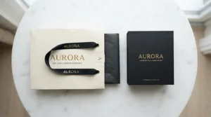 Shopping bags and an affordable saffron scented perfume box displayed together on a modern table in Ottawa.