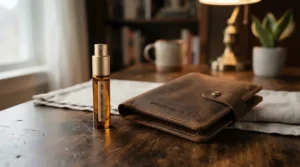 A compact travel-sized affordable saffron scented perfume tucked inside a leather pouch on a wooden desk in Edmonton.