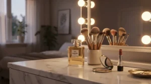 An affordable saffron scented perfume bottle sitting neatly among cosmetics on a chic vanity table in Montreal.