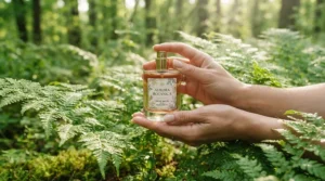 An everyday luxury-inspired saffron perfume bottle held gently against a backdrop of lush greenery in Victoria.